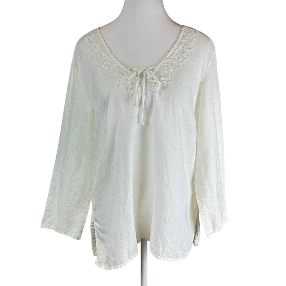 Bass White Linen Cotton Blend Floral Embroidered Women's Blouse Top Size Large